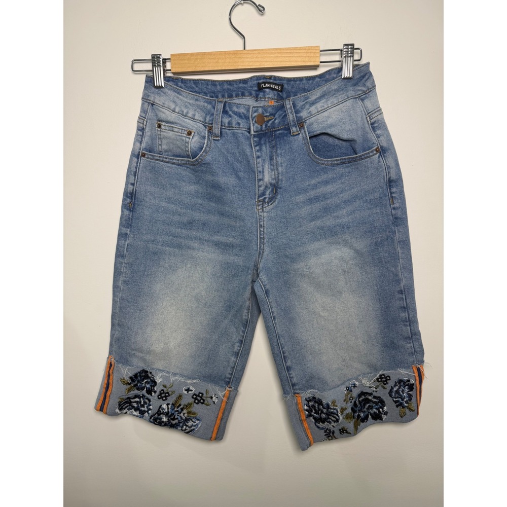 Floral Embroidered Mid-Wash Denim Bermuda Shorts